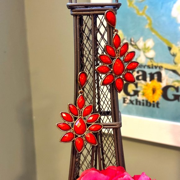 Orange Flower Pattern Dangle Drop Earring - Picture 1 of 4